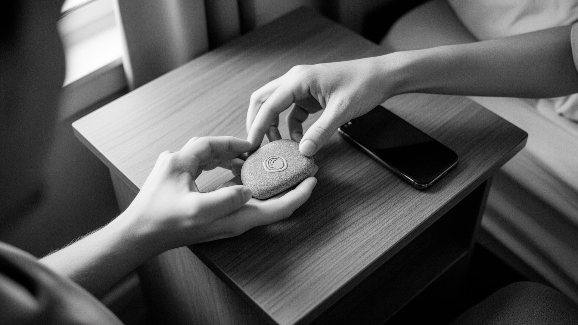 Hands placing the small stone-shaped Friction NFC device on a wooden bedside table next to an iPhone