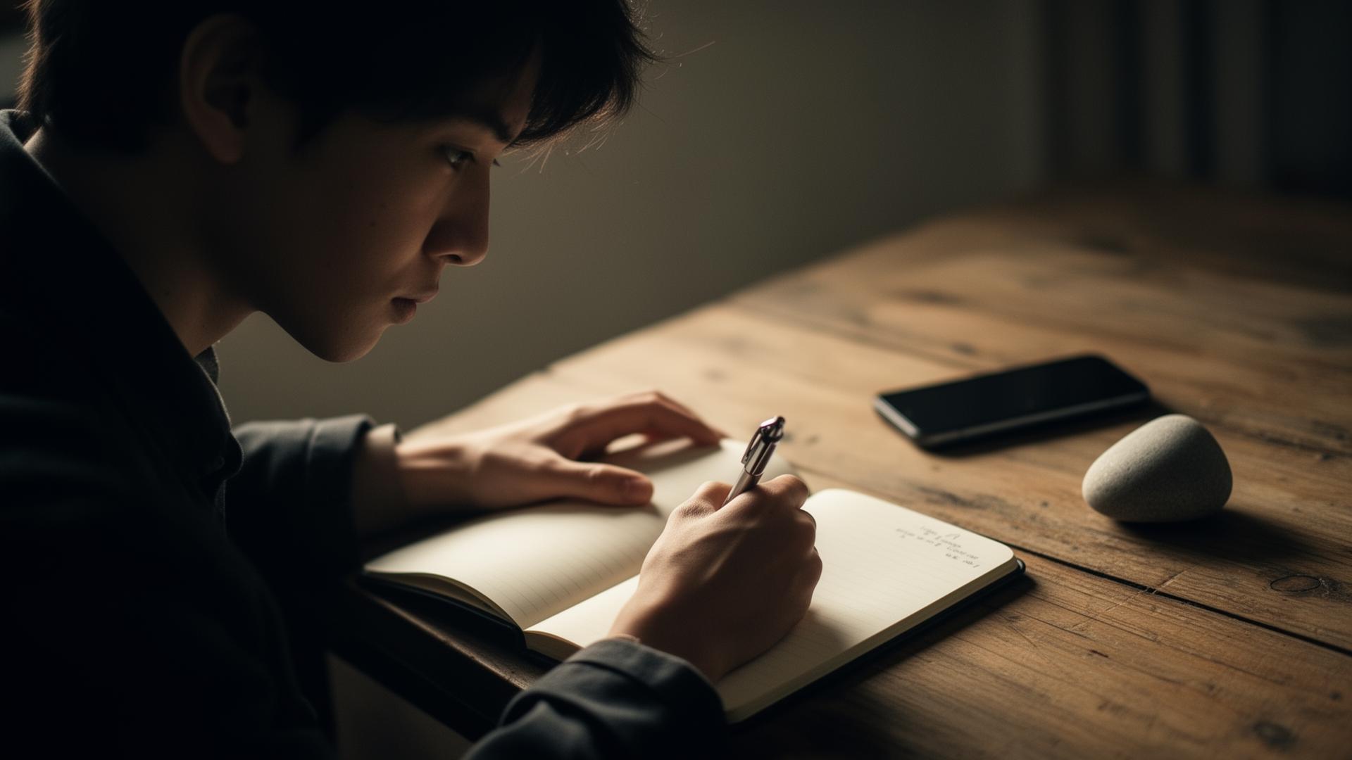 A young professional writing in a notebook at a wooden desk, phone face-down beside a small stone-shaped Friction device